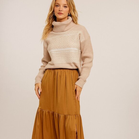 HEM & THREAD Cozy Turtleneck Sweater, Neutral Beige Cream,Textured Knit Pullover - Picture 2 of 6